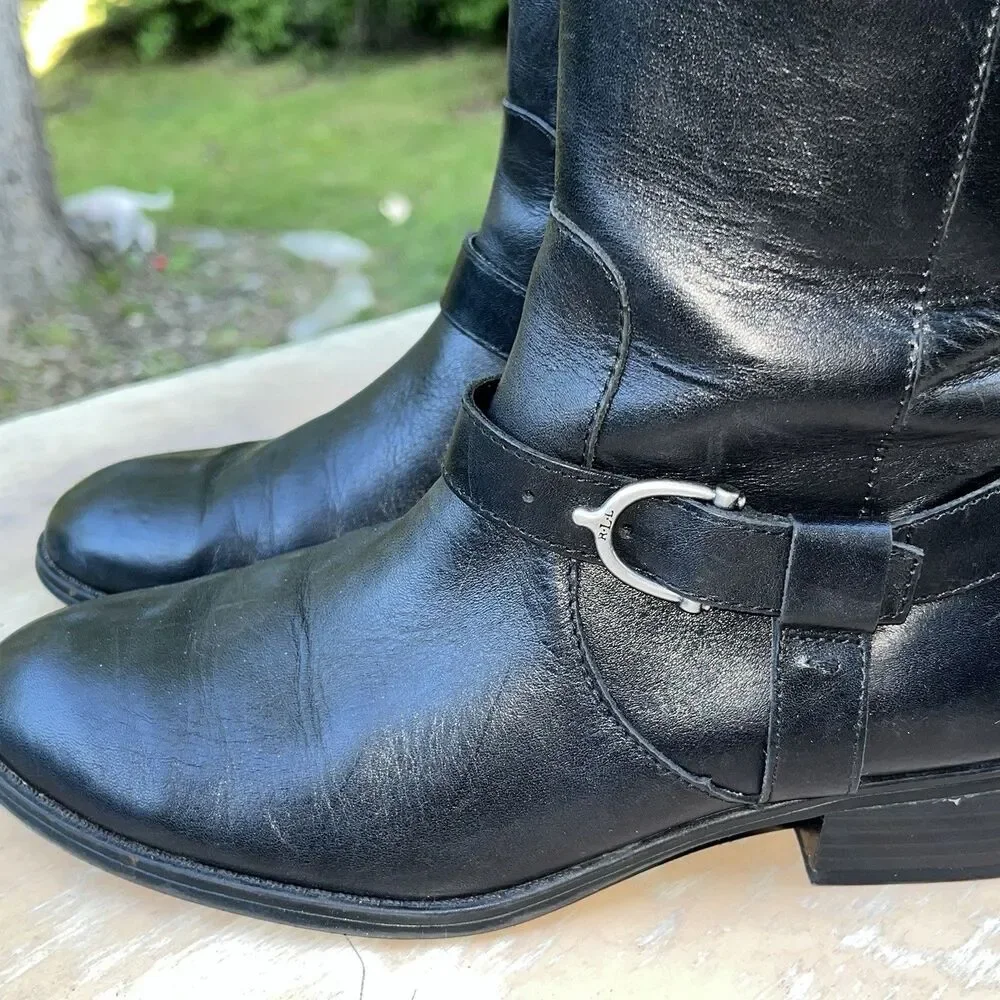 Lauren Ralph Lauren Margarite Black Leather Knee High Riding Boots 8B Buckle Zip